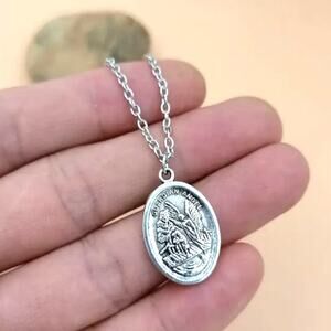 Saint Michael & Dragon Two-Sided Faith Necklace on 22 in. Sterling Silver Chain
